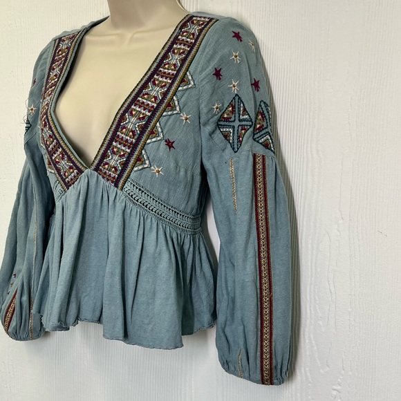 Free People - Aria Lagoon Embroidered Floral Flowy Deep V Neck Blouse Size XS - Picture 6 of 12